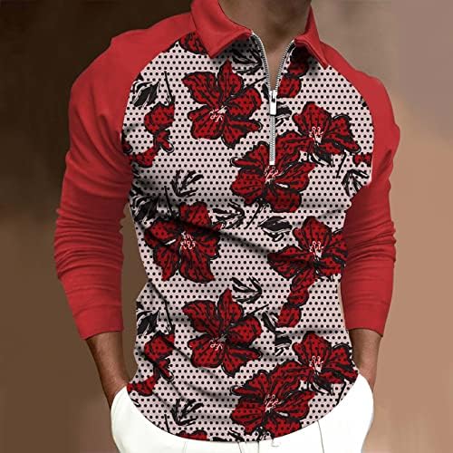 Beuu 2022 חולצות פולו חדשות לגברים, רוכסן צוואר שרוול ארוך שרוול ארוך פרחוני טלאים טלאים גולף חולצת מעצבים מזדמנים
