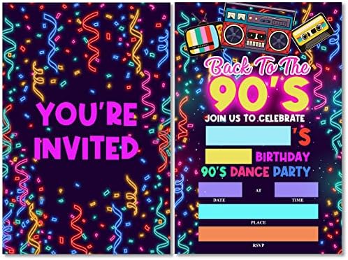 Soiceu צבעוני של שנות ה -90 הזמנות למסיבת יום הולדת עם מעטפות סט של 20 למסיבת הריקודים של שנות ה -90 מזמינה
