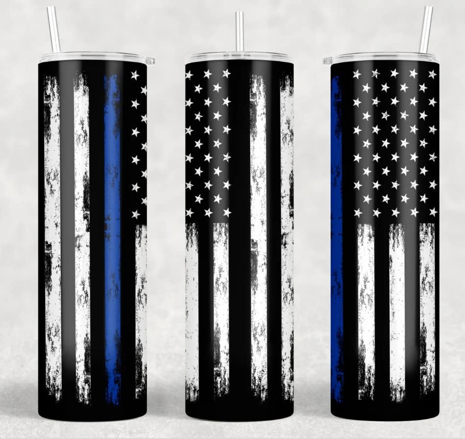 קו כחול דק משטרת כוס-20 ספל נסיעות עם מכסה לכוס קפה/שתייה קרה, סיום סיום, קצין שוטרים, אכיפת החוק 20oz ספל נסיעות