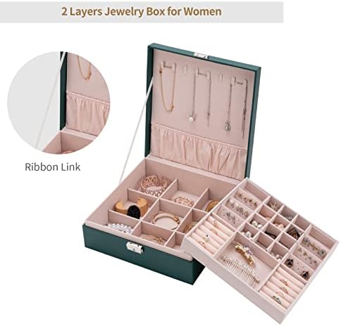 תיבת תכשיטים של סמילשה לנשים בנות, ארגזי מארגן עור PU עם מנעול, 2 שכבות מארז אחסון תצוגה גדול עבור צמידי