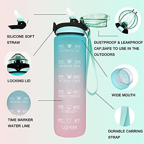 Divax 32oz BPA בקבוק מים מוטיבציוני חינם עם סמן זמן וקש נשלף, בקבוק ספורט טריטאן אטום דליפות, מושלם לכושר, חדר