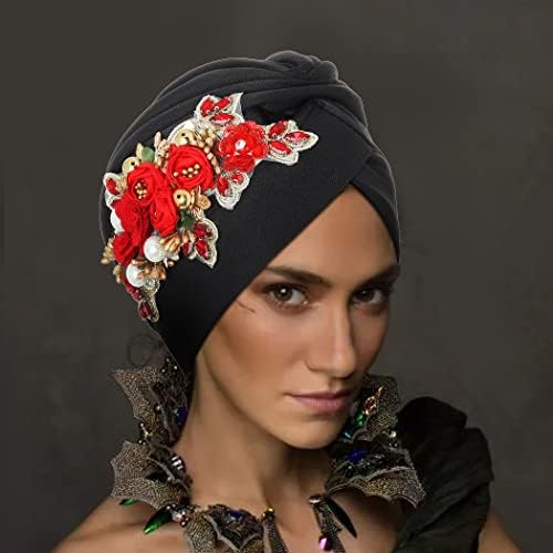 Urieo נשים פרח עוטפות ראש אפריקני כובע ראש קפלים כפה טורבן שחור