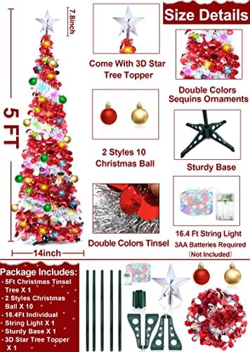 עץ חג האהבה של 5 רגל עץ חגורה עם אורות טיימר כדורי קישוטי קישודים 50 צבע רב-צבעי נציפי כוכב