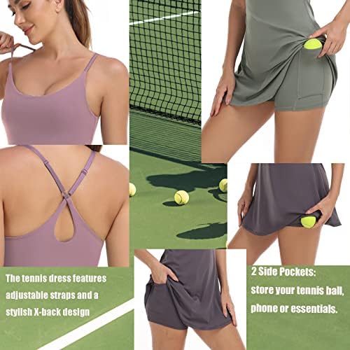 שמלת טניס נשים, שמלת אימון עם חזיית רומפר מובנית ומכנסיים קצרים כיסים תרגילי שמלות אתלטיות גולף לנשים