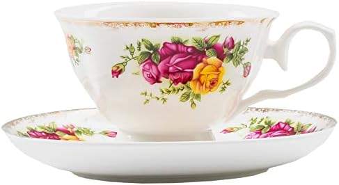 כוס תה חרסינה של חרסינה דיבינמי ומערכת צלוחית של סט קפה תה פרחוני וינטג ', כוללים כף מתכת בצבע זהוב אחד