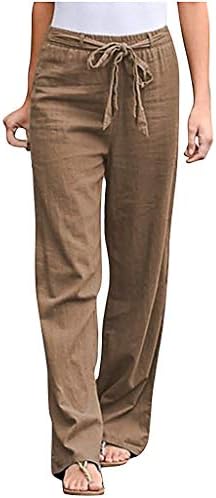 מכנסי פשתן ישרים מוצקים המותניים לנשים ארוכות מכנסיים מכנסי כותנה אלסטיים מזדמנים מכנסי פשתן לנשים