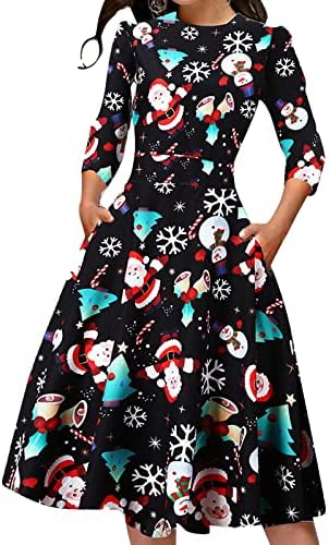 חג המולד מידי שמלה לנשים אופנה 3/4 שרוולים צווארון עגול סוודר שמלת פתית שלג איילים הדפסת מקרית חולצות