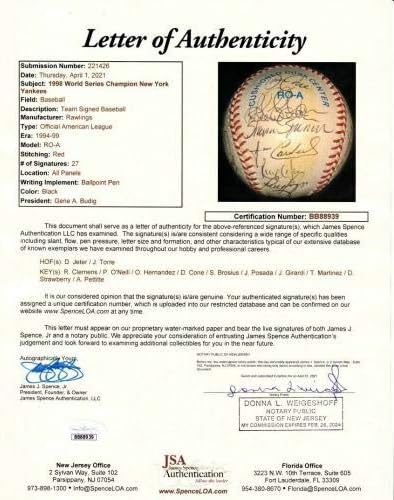 1999 קבוצת ינקיס חתמה על בייסבול דרק ג'טר קלמנס פטיט פוזדה טורה JSA - כדורי בייסבול עם חתימה