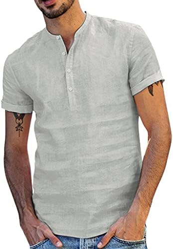פשתן כותנה לגברים Henley T חולצות - אופנה שרוול קצר עגול כפתור שריר