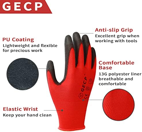 GECP 12 זוגות עבודות בטיחות כפפות גברים כפפות עבודה מצופות PU דקיקות אולטרה-דקות