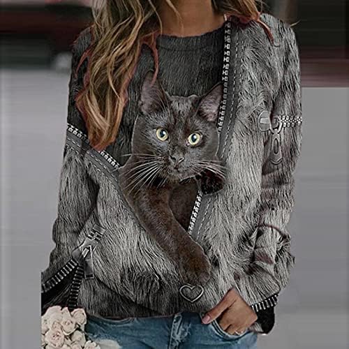 Mrgiinri's Cat Cat Print Santshirts Drintshirts לבוש שרוול ארוך לבוש חתול סוודר בכיס בכיס רוכסן גרפי.