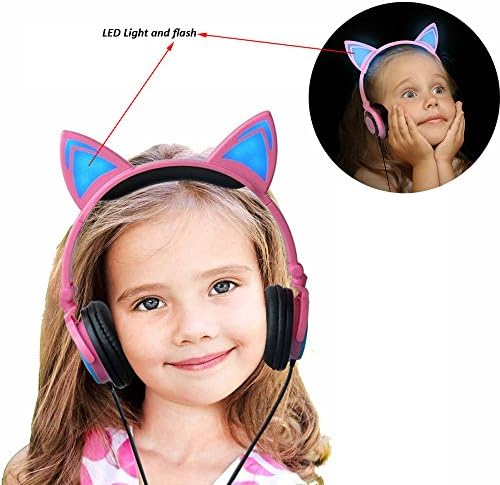 אוזניות לילדים חמודים של Olyre עם אוזן חתול מהבהבת LED, מתקפלות מעל אוזניות קוספליי אוזניים לבני נוער בנות