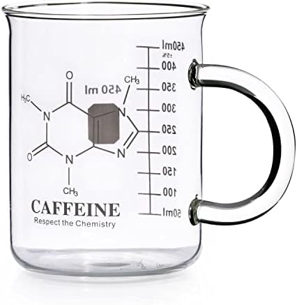 ספל כוס קפאין, ספל מולקולת קפאין - ספל כימיה 16 גרם ספלי קפה זכוכית בורוסיליקט עם ידית ומדידה לקפה,