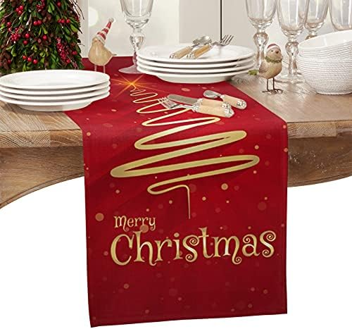 רצי שולחן לילמה עץ חג המולד שמח, רץ לחתונה/קפה, בד פשתן בסגנון בית חווה למסיבת חג אוכל תפאורה חיצונית מקורה,