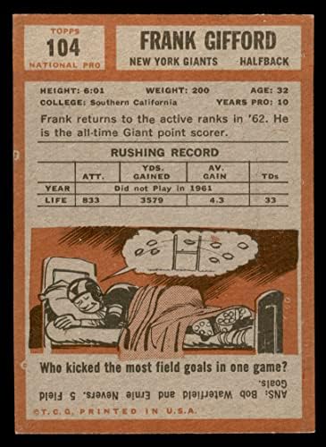 1962 Topps 104 Frank Gifford New York Giants-FB NM+ Giants-FB USC