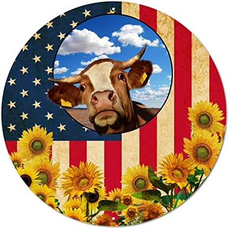 דגל ארהב מעוטר פרה מצחיקה בחווה כחול שמיים חמניות אסם עגול שלט פח מתכת וינטג