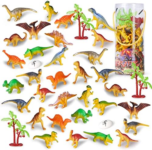 סט צעצועי דינוזאור מיני של קרמו, 35 חתיכות 3 דמויות דינוזאור שונות מפלסטיק כעוגות עוגות למסיבת יום הולדת,