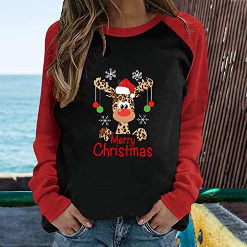 סוודר חג מולד מכוער לנשים שרוול ארוך צווארון חג המולד חולצת חג חג המולד נמר חמוד איילים טוניקה מודפסת