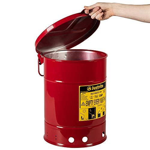 JUSTRITE 09110 גולוון פסולת פסולת שמנונית מגלוונת עם כיסוי מופעל ביד, קיבולת 6 ליטר, אדום