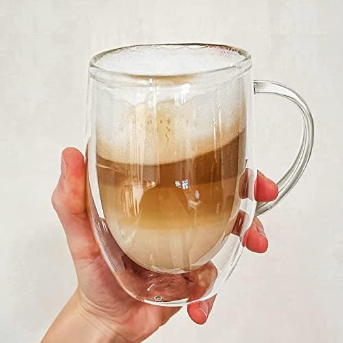 GMISUN 16OZ ספלי קפה זכוכית כפולה קיר, 2 ספלי קפה זכוכית עם מכסי במבוק, ספלי זכוכית מבודדים צלולים עם ידית לקפה