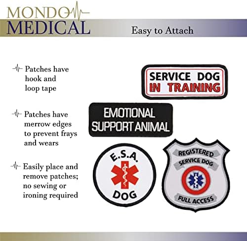 מגוון טלאי כלבים לשירות רפואי של מונדו, 4PK - טלאי כלבים עובדים, תוויות ESA רקומות לרתמות כלבים, אפודים