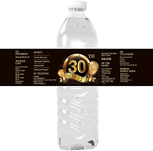 תוויות מדבקת בקבוק מים של יום הולדת 30 שמח של יום הולדת שחור וזהב, בשנת 1992 תוויות בקבוק מים 1992 תוויות