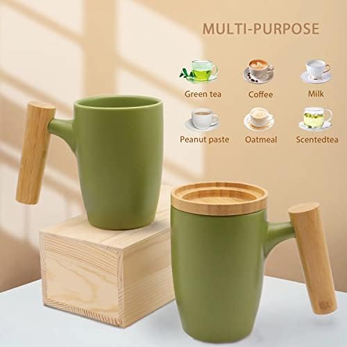DHPO סדרת Artisan ספלי קפה 16oz כוס תה קרמיקה מט כוס תה עם ידית ומכסה במבוק, שדרג כלי שתייה גדולים של
