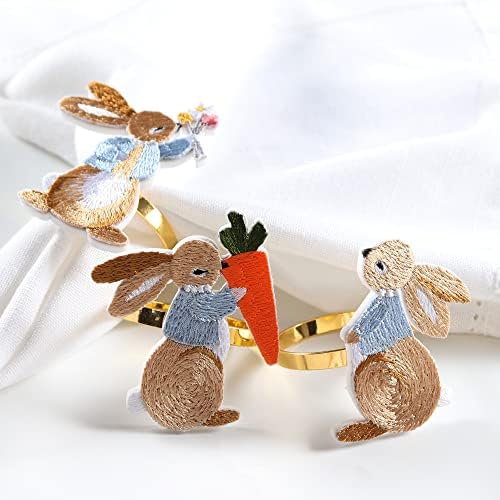 טבעות מפיות של ארנב פסחא ארנבות סט של 6, מחזיקי טבעת מפית זהב מעוצבים עם דפוס ארנב להגדרות שולחן אוכל מסיבת