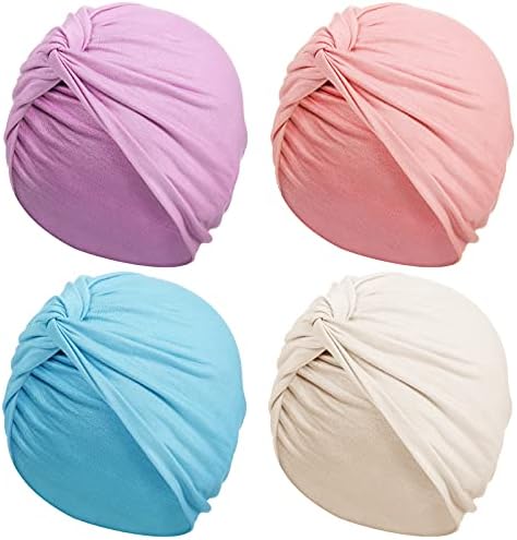 סאטיניור 4 חתיכות טורבנים לנשים רכות קלות קשר עם קשר קפלים כובע כובע כובע כובע שינה, 4 צבעים