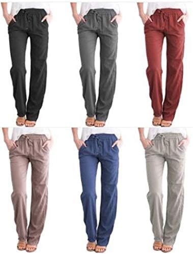 מכנסי פשתן פלאצו נשים רחבות רגל רחבה מותניים גבוהות מכנסיים ארוכים מזדמנים מכנסיים מותניים אלסטיים