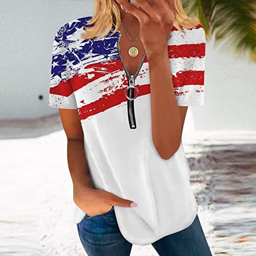 נשים רבעון רוכסן סוודר מזדמן קצר שרוול חולצות קיץ עצמאות יום של חולצות רופף בכושר אופנה טוניקות