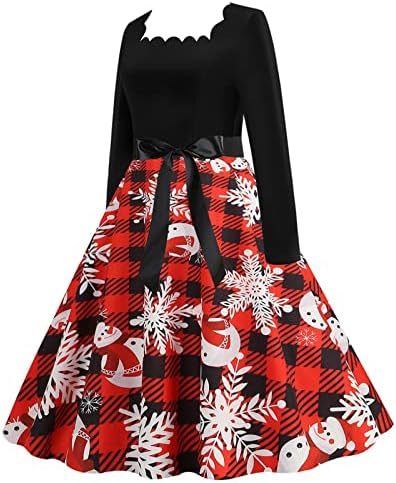 2022 חג המולד שמלת נשים בציר מסולסל כיכר צווארון שמלות הדפסת גרפי חג המולד רוקבילי קוקטייל המפלגה שמלה