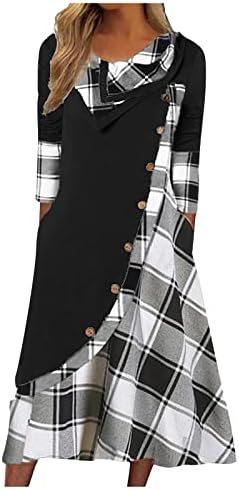 שמלות רשמיות של נוקמופו פלוס גודל לנשים משובצות אופנה כפתור כיסי כיסי צוואר שמלת שרוול ארוך