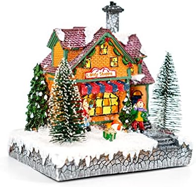 Tioili 7 '' קישוט כפר חג המולד, כפרי חג המולד עם אורות, שרף חג המולד בניין אספנות, לקישוט שולחן