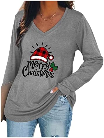 2022 חולצות חג מולד לנשים לבושות שרוול ארוך מזדמן V חולצות צוואר חמוד חג המולד גרפי חמוד רופף כושר סוודר.