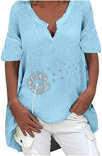 צמרות פשתן כותנה לנשים ללבוש עם חותלות שרוול קצר V חולצות זורמות צוואר זורמות חולצות דפיס וינטג '.