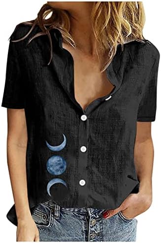 נשים חולצה מזדמנת כפתור קיץ חולצות חולצות חולצות שרוול קצר צמרות צוואר כותנה פשתן פרחוני עבודה חולצות