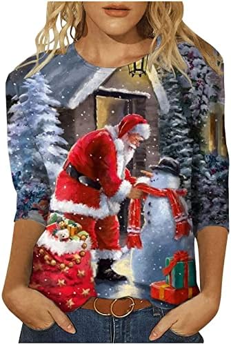 חג חולצות לנשים 3/4 שרוול חג המולד גרפי חולצות עם סנטה קלאוס איש שלג 3 ד חג המולד עץ הדפסת טי חולצה