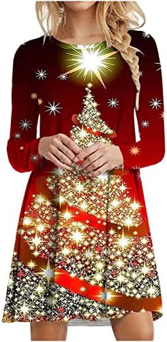 מכוער חג המולד שמלה לנשים מצחיק חג המולד עץ מודפס טוניקת חולצה שמלה ארוך שרוול צווארון עגול