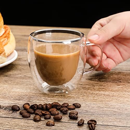 ספלי קפה סט של 2 - ספלי זכוכית מבודדים קיר כפול עם ידית, כוסות כוסות קפה יומיומיות מושלמות למכונת אספרסו ומכונת