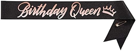 שו, פטי מלכת יום הולדת אבנט + נזר-נצנצים שחורים + נייר זהב ורוד / קישוטי מסיבת יום הולדת - 16, 21, 30, 40,
