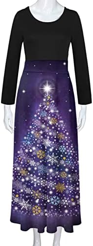 נשים מקסי שמלה ארוך שרוול חג המולד עץ גרפי הדפסת אימפריה מותניים שמלת חג המולד מזדמן צוות צוואר