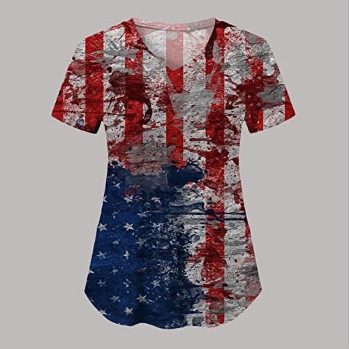 חולצת חולצה 4 ביולי לנשים דגל אמריקאי שרוול קצר חולצת צוואר V עם 2 כיסים לבגדי עבודה מזדמנים