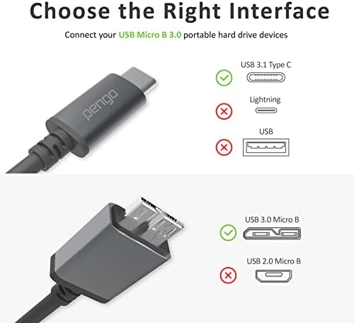 Pengo USB-C ל- USB Micro-B 3.0 כבל תואם למחשבים ניידים Typec כמו MacBook Chromebook וכונן קשיח חיצוני