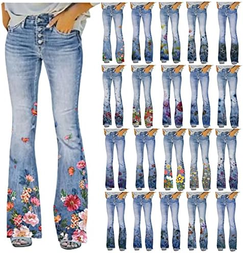מכנסי ג'ינס מגוונים לנשים מתיחות מכנסי הדפסת ג'ינס אמצע הגובה של מכנסי הדפסת ג'ינס עם כיסים במצוקה מכנס ארוך