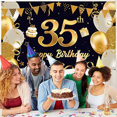 קישוטים שמחים למסיבת יום הולדת 35, זהב שחור גדול במיוחד מסיבת יום הולדת 35 באנר רקע תמונה לגברים נשים
