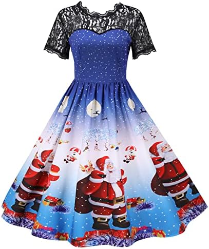 שמלות וינטג 'נשים תחרה פרחונית טלאי שמלת מסיבת קוקטייל חג המולד דפוס קריקטורה מצויר ללא שרוולים