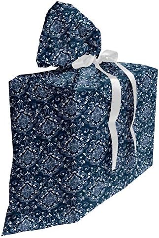 שקית מתנה מבד דמשק, דפוס מתערבל בסגנון הבארוק עם תלתלים פרחוניים, שק הווה למסיבות ימי הולדת עם 3 סרטים, 27, כחול