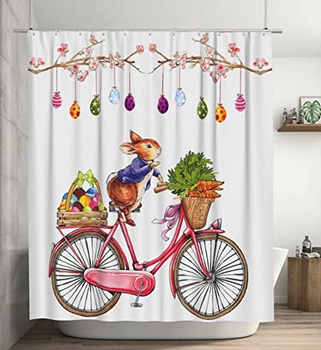 וילונות מקלחת פסחא של Abaysto לרכיבה על ארנב אמבטיה רכיבה על אופניים עם ביצים צבעוניות וילונות אמבטיה פסחא קישוט