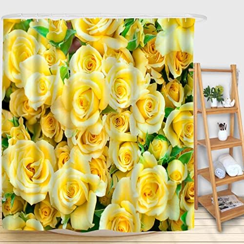 לופארי צהוב ורד צהוב וילון מקלחת פרחוני אביב אביב טבע דפוס פרחים עם 12 ווים עיצוב חדר אמבטיה